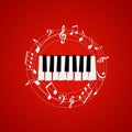 Piano keys with stave and music notes on red background. Music festival poster. Music elements for card, poster, party invitatio Royalty Free Stock Photo