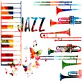 Jazz music colorful background. Jazz music festival poster. Word jazz with saxophone and piano keyboard isolated vector illustrati Royalty Free Stock Photo