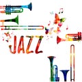 Jazz music colorful background. Jazz music festival poster. Word jazz with saxophone isolated vector illustration. Music instrumen Royalty Free Stock Photo