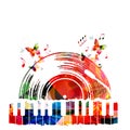 Colorful music poster with vinyl record and piano keyboard. Music elements for card, poster, invitation. Music background design v