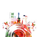 Colorful music poster with vinyl record and music instruments. Music background design vector illustration. Colorful piano keyboar