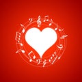Heart shaped frame with music notes on red background. Music elements for card, poster, party invitation. Music background design Royalty Free Stock Photo