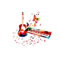 Music poster with colorful piano keyboard, guitar and music notes isolated vector illustration design