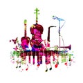 Music poster with music instruments vector illustration. Colorful music background with piano keyboard, guitar, violoncello, saxop