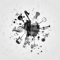 Black and white blot with music instruments. Music instruments design for card, poster, invitation. Music background design vector Royalty Free Stock Photo