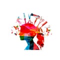 Colorful female silhouette with hairdressing tools isolated. Woman head with comb, scissors, sprayer, hairbrush and dryer vector i