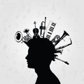 Black and white man silhouette with music instruments. Music instruments with human head for card, poster, invitation. Music backg Royalty Free Stock Photo