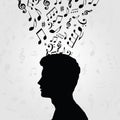 Black and white man silhouette with music notes. Music symbols with human head for card, poster, invitation. Music background desi Royalty Free Stock Photo