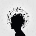 Black and white man silhouette with music notes. Music symbols with human head for card, poster, invitation. Music background desi Royalty Free Stock Photo