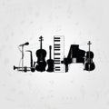 Music poster with music instruments. Black and white microphone, piano, saxophone, trumpet, violoncello, contrabass and guitar vec Royalty Free Stock Photo