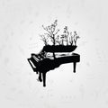 Music black and white design with piano. Music instrument vector illustration. Piano instrument with trees