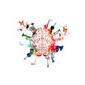 Music design vector. Colorful human brain with music instruments isolated. Brain with saxophone, violoncello, trumpet, piano keybo