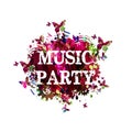 Music poster design vector illustration. Colorful music banner for music party with music notes and butterflies Royalty Free Stock Photo