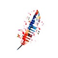 Music poster for composing. Colorful music notes with piano keys and feather isolated vector illustration design