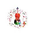 Music instrument background. Colorful violoncello with music notes isolated vector illustration