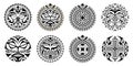 Set of round Maori tattoo ornament with sun symbols face and swastika.