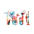 Music instruments background. Colorful saxophone, double bell euphonium, euphonium and trumpet isolated vector illustration