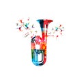 Colorful euphonium with music notes and hummingbirds isolated vector illustration. Music instrument background for poster, brochur