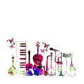 Colorful music instruments isolated vector illustration. Piano keyboard, guitar, trumpet, microphone, saxophone, violoncello, banj