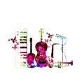 Colorful music instruments isolated vector illustration. Piano keyboard, guitar, trumpet, microphone, saxophone and violoncello. M