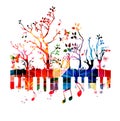 Colorful piano keyboard with trees and music notes. Music instrument background vector illustration. Design for poster, brochure,