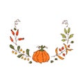 Circle frame with decorative autumnal elements of pumpkin, branches, berries Royalty Free Stock Photo
