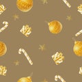 Golden Christmas balls, gifts, snowflakes and lollipops on calm background. Seamless winter pattern. Royalty Free Stock Photo