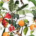 Seamless pattern with jungle animals, flowers, plant, tree and orange pomegranate fruits.