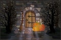 Happy Halloween night wallpaper with pumpkin and witch broomstick Royalty Free Stock Photo