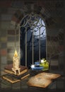 Gothic window with magic witch book, candle and glass jar, background halloween
