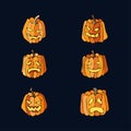 Halloween hand drawn set of emotional pumpkins on dark violet background. Colorful and funny. Royalty Free Stock Photo