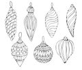 Set of hand drawing new year balls with striped, wavy patterns. On white isolated background.