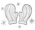 Cute winter gloves with small decor and different snowflakes. Hand drawing holiday illustration.