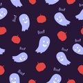 Purple funny ghost with boo, red pumpkins on violet background. Seamless doodle Halloween pattern. Royalty Free Stock Photo