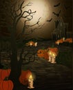 Happy Halloween card. Stone road and pumpkin