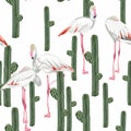 Seamless pattern with white flamingos and exotic cacti. Simple design to fabric. Light pattern.