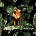 Vintage tropical tree, palm tree, lion animal, floral seamless patternn on black background.