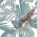 Tropical leopard animal, palm leaves, white background. Seamless pattern. Graphic illustration. Exotic jungle plants. Royalty Free Stock Photo