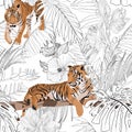 Tropical tiger animal, palm leaves, white background. Seamless pattern. Graphic illustration. Exotic jungle plants. Royalty Free Stock Photo