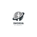 Stylish Black Metal Battle Sword vector logo and planets in simple style