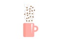 A pink mug with coffee beans on white background. Good design element for any project.