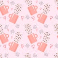 Seamless pattern with coffee beans and pink mugs. Good print for any project.