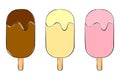 A set of hand drawn ice creams isolated on white background. Chocolate, vanilla and strawberry taste collection.