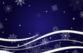 Christmas and New Year horizontal banner. White snowflakes ans waves on deep blue background. Royalty Free Stock Photo