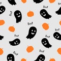 Black creepy and fun ghost boo, pumpkin on light gray background. Seamless autumn Halloween pattern.