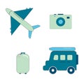 Flat 4 travel icons. Airplane, car, travel bag and camera