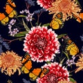 Autumn dahlia, chrisantemium flowers, herbs and berries seamless pattern. Royalty Free Stock Photo