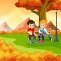Cartoon kids sitting on bench with a books under a tree in autumn park Royalty Free Stock Photo
