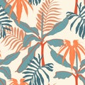 Tropical plants seamless pattern, palm leaves and exoticplants, blue and orange tones. Royalty Free Stock Photo