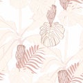 Stylish colorful beige floral leaves and banana tree seamless pattern on white background. Royalty Free Stock Photo